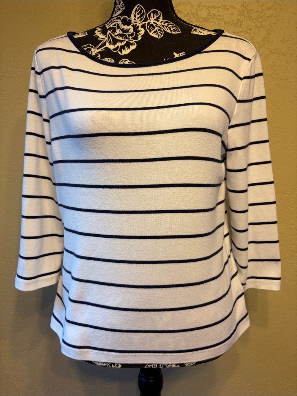 Ralph Lauren White and Navy Striped Boatneck Long Sleeve Top